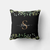 エレガントなユーカリ植物学ゴールドモノグラムスクリプト クッション (裏面)