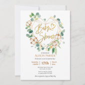 エレガントなユーカリ ゴールド ハート リース ベビー シャワー 招待状 (正面)