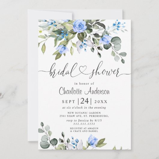 エレガントなユーカリ ブルー ローズ ブライダル シャワー 招待状 (正面)