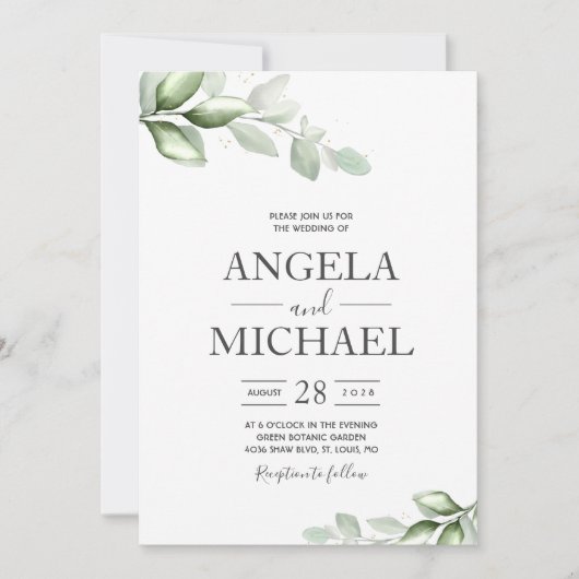 エレガントなユーカリ 水彩 ボヘミア リーフ 招待状 (正面)