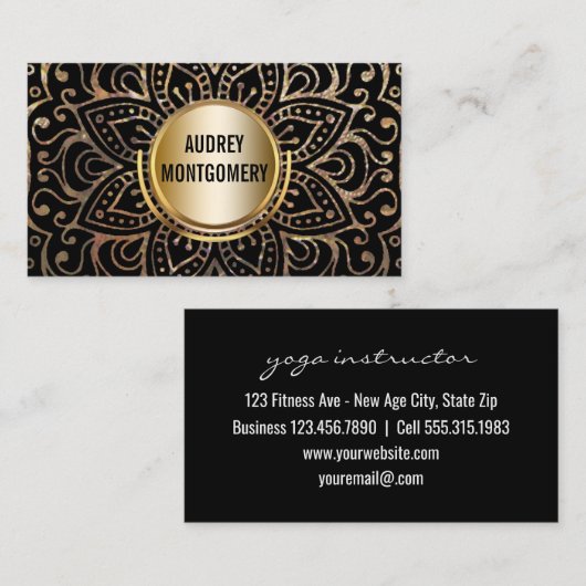 エレガントなヨガのインストラクター|の曼荼羅の金ゴールドの黒Boho 名刺 (正面/裏面)