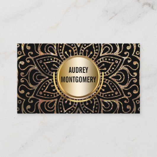 エレガントなヨガのインストラクター|の曼荼羅の金ゴールドの黒Boho 名刺 (正面)
