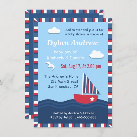 エレガントなヨットの航海のなベビーシャワーのパーティー 招待状 (正面/裏面)
