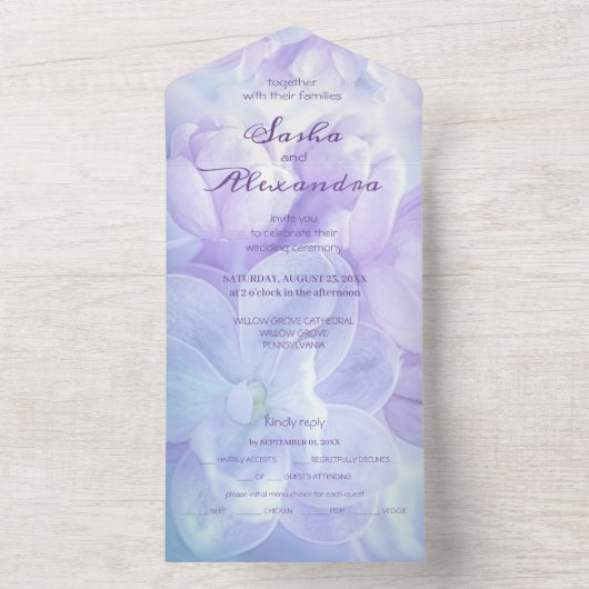エレガントなライトパープルのライラックの花の結婚式 オールインワン招待状 (内側)