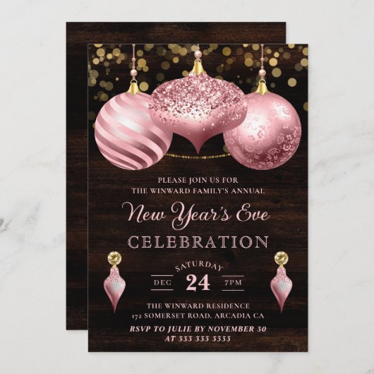 エレガントなライトピンクのクリスマスオーナメント 新年の贈り物 招待状 (正面/裏面)