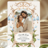 エレガントなライトブルーとゴールドの花柄の結婚式お知らせカード 招待状