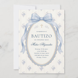 エレガントなライトブルーの水彩リボン トワル・ド・ジュイ Bautizo 招待状