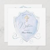 エレガントなライトブルーの水彩画の紋章を使った洗礼 招待状 (正面/裏面)