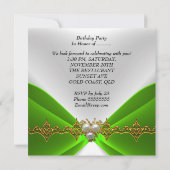 エレガントなライムグリーンの誕生日ゴールドジュエルホワイトシルク 招待状 (裏面)