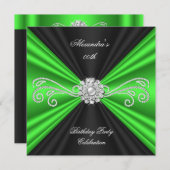 エレガントなライムグリーン ブラックダイヤモンド 誕生日パーティー 招待状 (正面/裏面)