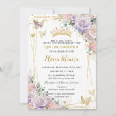 エレガントなライラックとソフトピンクのバラの花のキンテアニエラ スイート16 招待状 (正面)