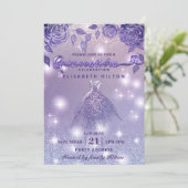 エレガントなライラックのバラのモダンなグリッタードレス 招待状 (スタンド正面)