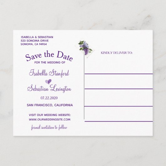 エレガントなライラックの花の結婚式 Save The Date 案内ポストカード (裏面)
