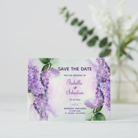 エレガントなライラックの花の結婚式 Save The Date 案内ポストカード (スタンド正面)