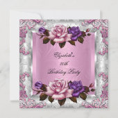 エレガントなライラックピンクパープルローズの誕生日パーティー 招待状 (正面)