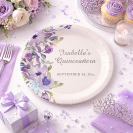 エレガントなライラックブルーのフラワーホリゾンタルQuinceañera ペーパープレート