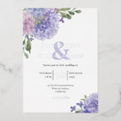 エレガントなライラック＆ブルーのハイドランジアの花束 箔招待状 (正面)