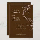 エレガントなラインの花柄リネン・エスプレッソブラウンのウェディング 招待状 (正面/裏面)