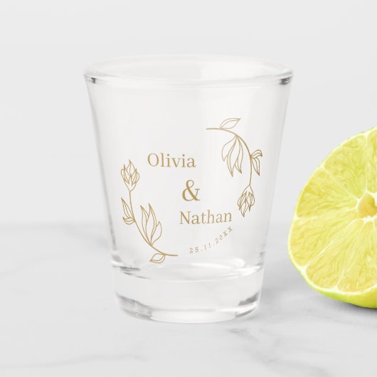 エレガントなライン フローラル カップル モノグラム ウェディング ファヴォリット ショットグラス (正面)