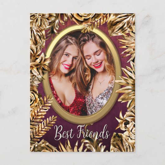 エレガントなラグジュアリー ゴールド フラワーズ お客様の写真を追加 カスタム ポストカード (正面)