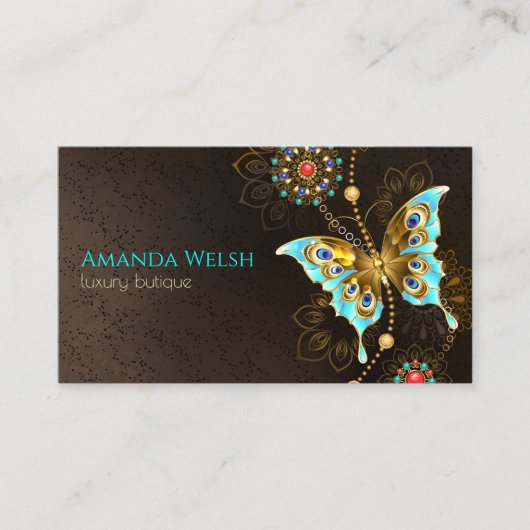 エレガントなラグジュアリー バタフライ ブラウンターコイズ ゴールド 名刺 (正面)