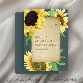 エレガントなラスティックひまわり スレートグレイのウェディング 招待状