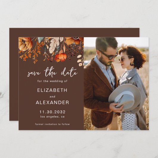 エレガントなラスティックオータム フラワーブラウン ウェディング フォト セーブザデート (正面/裏面)