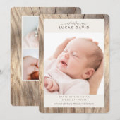 エレガントなラスティック ウッドグレイン フォト 出生発表 招待状 (正面/裏面)