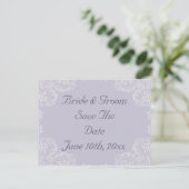エレガントなラベンダーに白のスワールがかかるウェディング 案内ポストカード (スタンド正面)