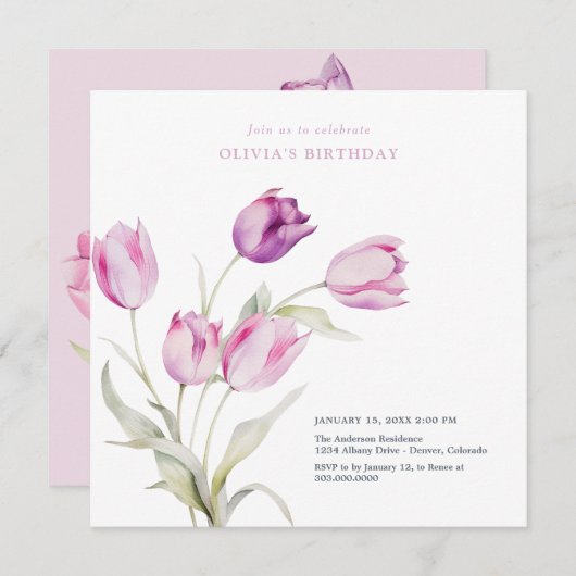 エレガントなラベンダーパープルの花水彩のチューリップ 招待状 (正面/裏面)