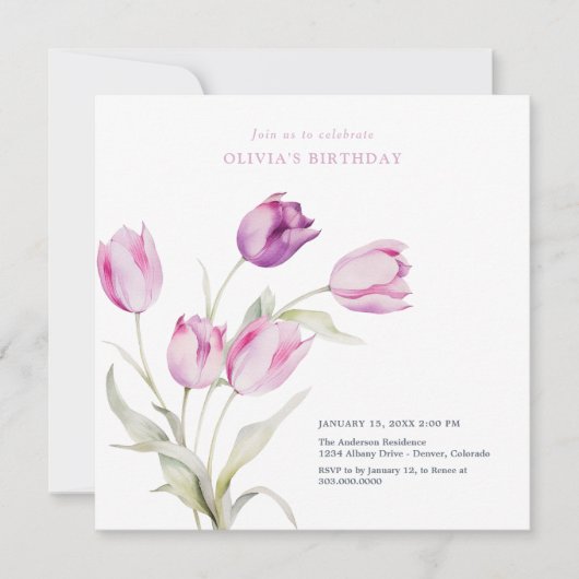 エレガントなラベンダーパープルの花水彩のチューリップ 招待状 (正面)