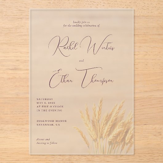 エレガントなラベンダー色の小麦の穂 アクリル招待状 (正面)