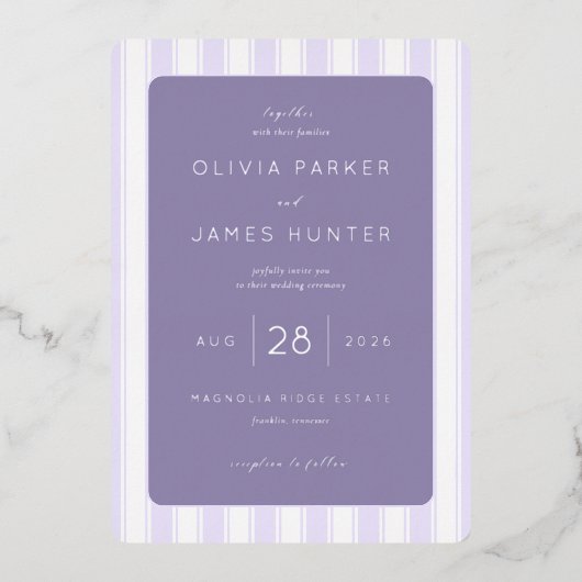 エレガントなラベンダー ストライプ 箔招待状 (正面)