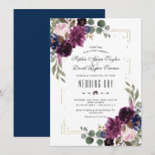 エレガントなラベンダー ネイビーブルー 花 モダン ゴールド ウェディング 招待状 (正面/裏面)