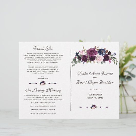 エレガントなラベンダー ネイビーブルー 花 モチーフ 式次第 (スタンド正面)