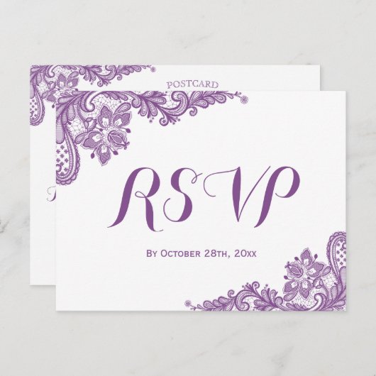 エレガントなラベンダー パープルレース ウェディング RSVP インビテーションポストカード (正面/裏面)