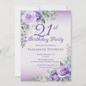 エレガントなラベンダー+パープル+ローズの花の21歳の誕生日 招待状 (正面)