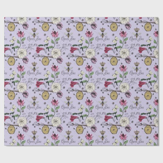 エレガントなラベンダー 母の日 女王蜂と花々 ラッピングペーパー (フラット)
