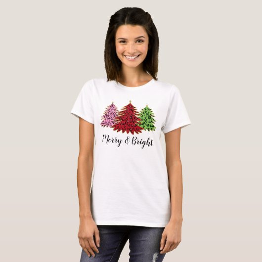 エレガントなラメ入りヒョウ柄クリスマスツリー Tシャツ (正面フル)