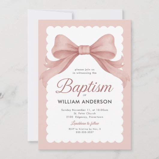 エレガントなリボンとクラシックなピンクの洗礼招待状 招待状 (正面)