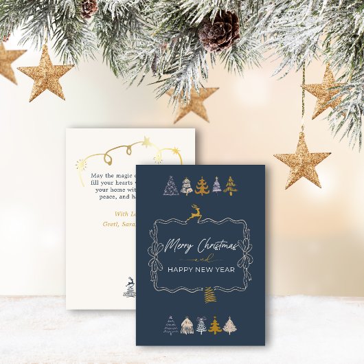 エレガントなリボンとシックな木の落書き 青いホリデーカード シーズンカード