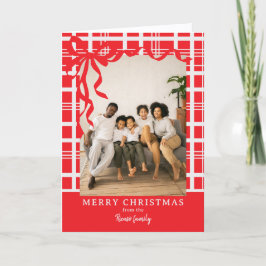 エレガントなリボンとチェック柄のオリジナルフォト クリスマスギフト シーズンカード