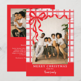 エレガントなリボンとチェック柄のフォトクリスマス シーズンカード