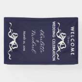 エレガントなリボンとボウのロマンチックな結婚式ネイビーバナー 横断幕 (横)