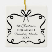 エレガントなリボンの写真　記念　初めてのクリスマス　婚約しました セラミックオーナメント (正面)