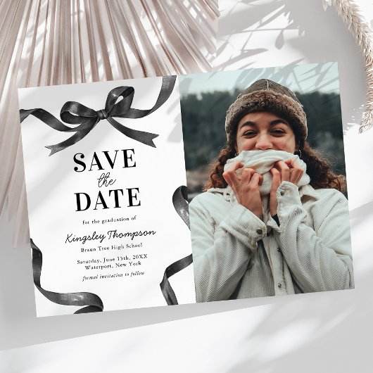 エレガントなリボンの卒業式お知らせ Save the Date セーブザデート