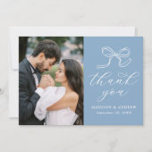 エレガントなリボンの青い写真の結婚式 サンキューカード (正面)