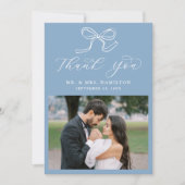 エレガントなリボンの青い写真の結婚式 サンキューカード (正面)