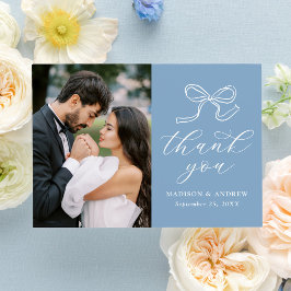 エレガントなリボンの青い写真の結婚式 サンキューカード