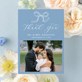 エレガントなリボンの青い写真の結婚式 サンキューカード